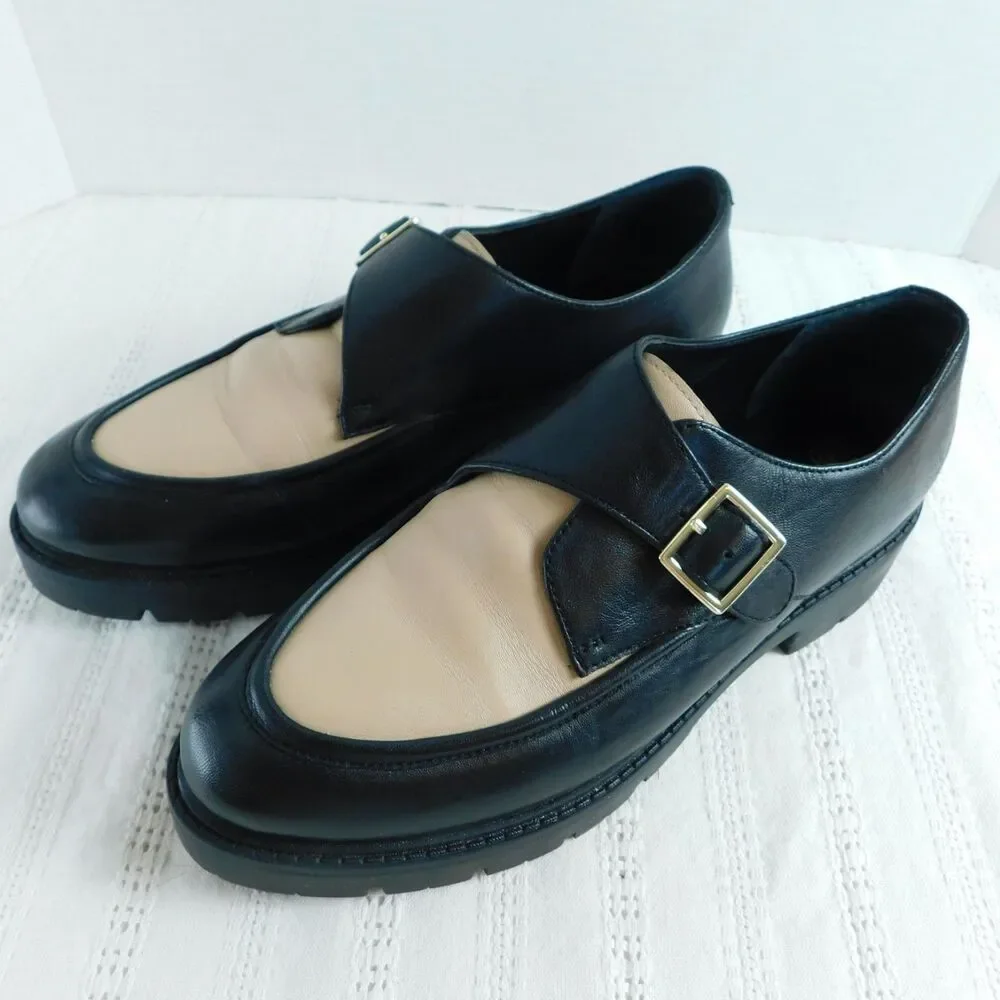 Seychelles Leather Loafers 7.5 Catch Me Black Cream Buckle Shoes Womens Retro